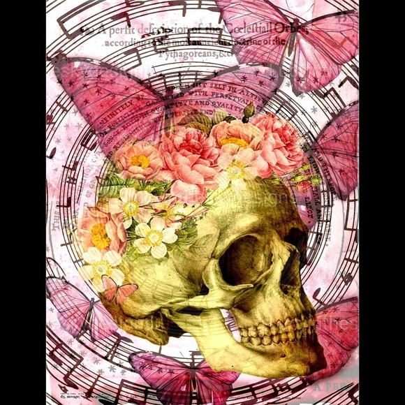 Floral Skull Pink Butterfly Music Note Mixed Media Art Print 8.5x11 - Picture 2 of 4